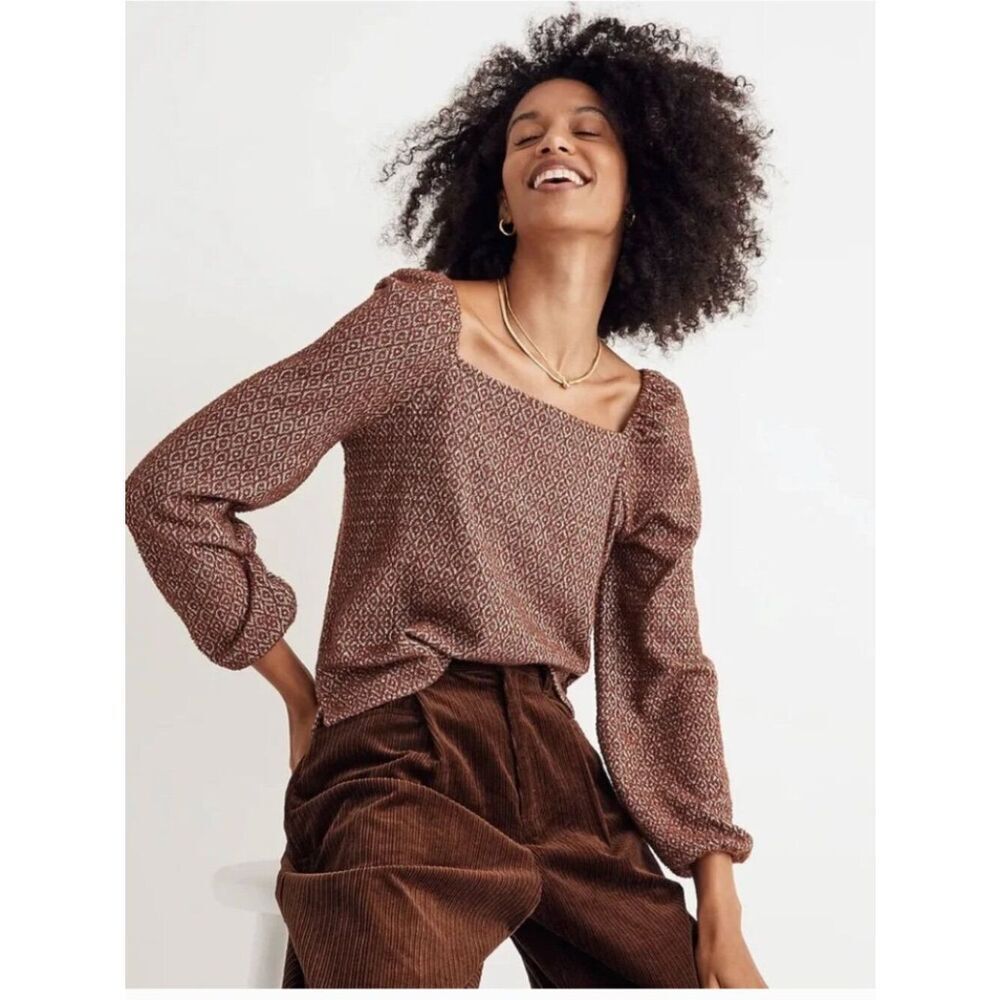 Madewell Rust Brown Jacquard Puff Sleeve Crop Top Size S